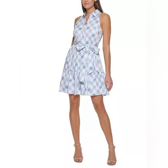 Tommy Hilfiger Gingham-Print Belted Navy Blue and White Sleeveless Dress, Size 4 - Picture 2 of 7